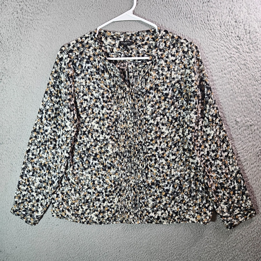 Talbots Top Blouse Women Medium Petite Abstract Long Sleeve Black White Gray